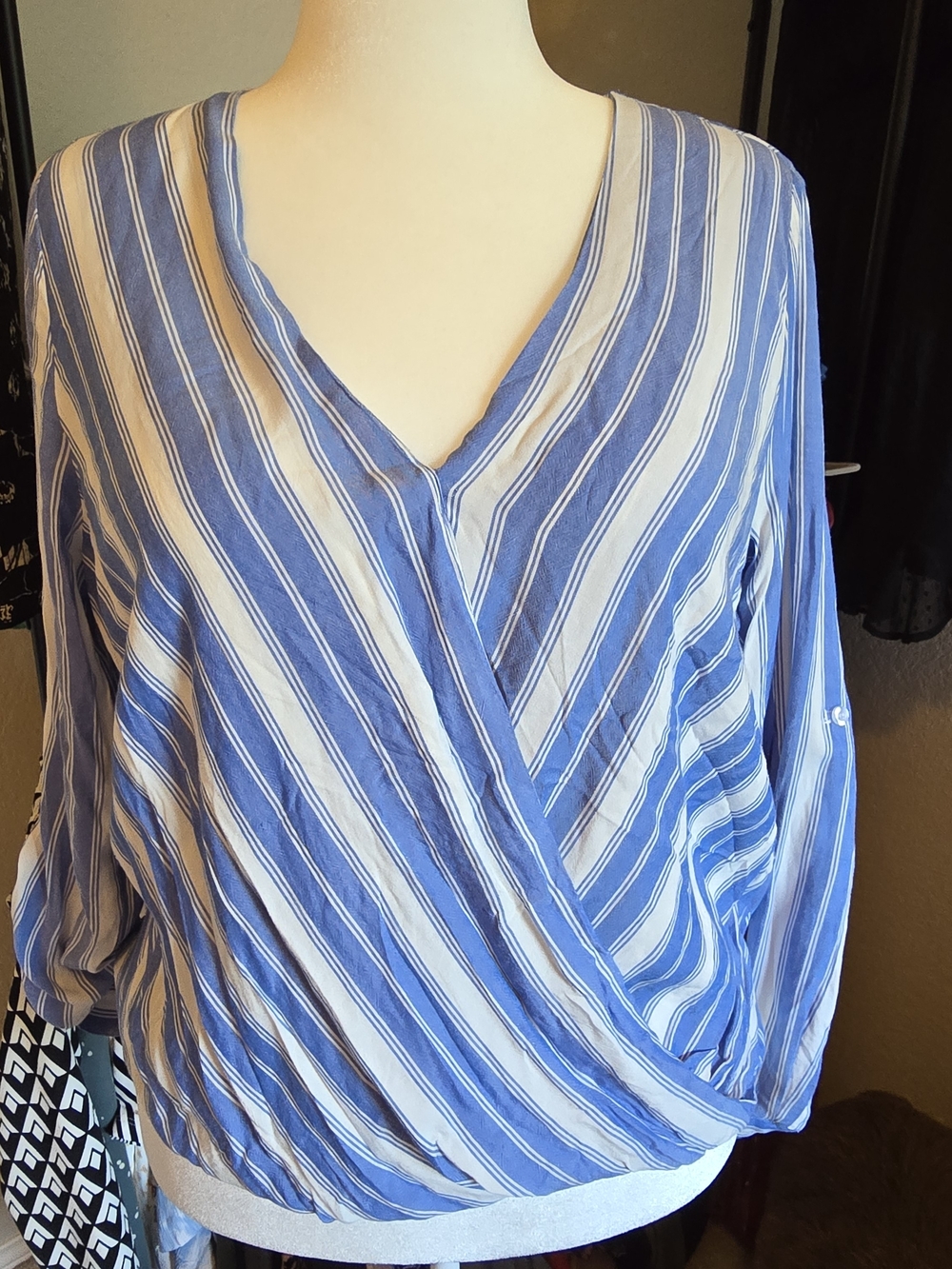 Kut from the Kloth Blue and White Striped Wrap Blouse